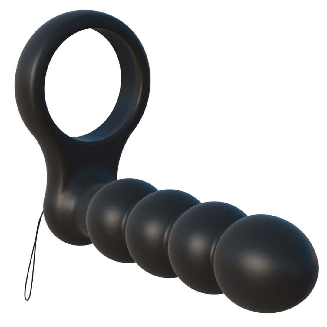 Schwarzer Penisring mit Analdildo. Ring mit vier Kugeln. Mit Schlaufe.