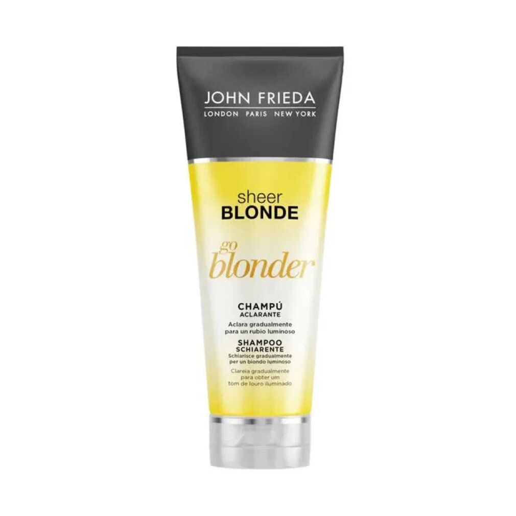 John Frieda Sheer Blonde Go Blonder Shampoo. Gelbe Tube mit schwarzem Deckel. Produktname und Logo deutlich sichtbar.
