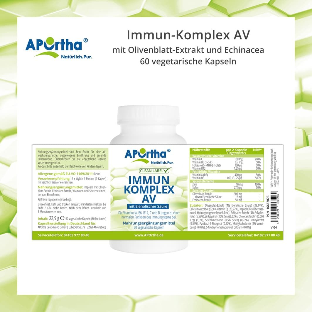 Weiße Flasche APOrtha® Immun-Komplex AV Kapseln. Aufschrift: Immun-Komplex AV, mit Elenolischer Säure. Beipackzettel mit Nährwertangaben.