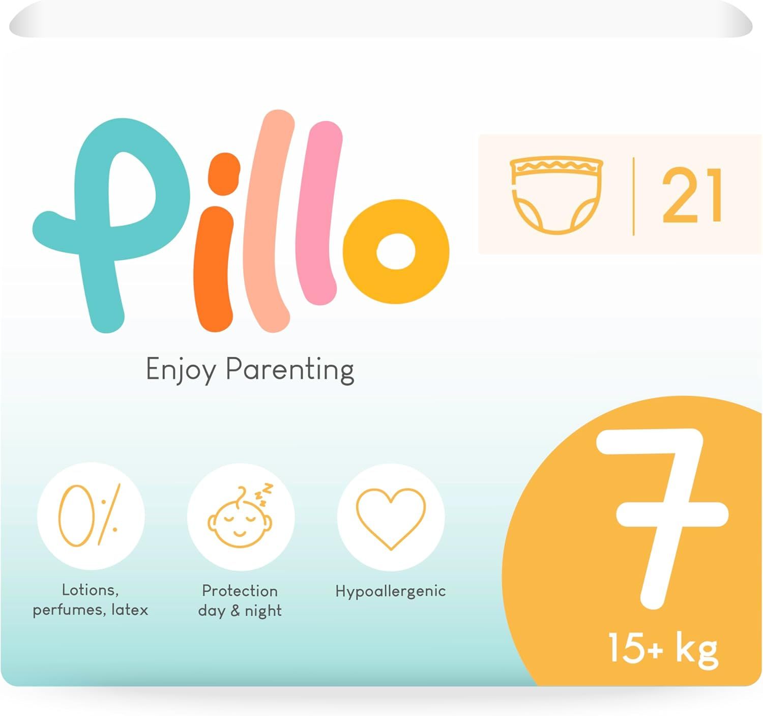 Verpackung Pillo Pants Größe 7 XXL. Enthält Informationen zu Inhaltsstoffen, Größe und Gewicht (15+ kg).