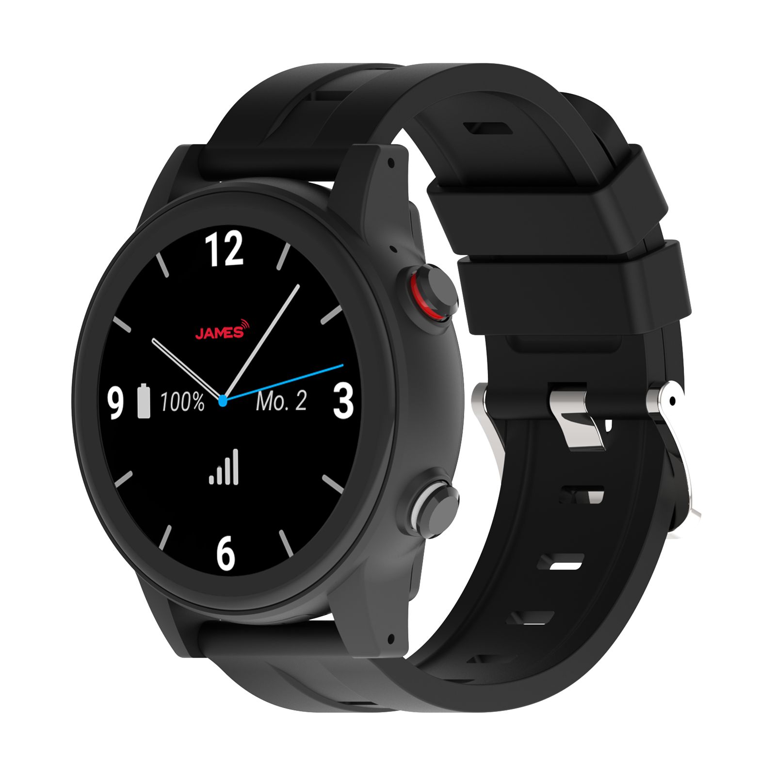 Schwarze Smartwatch mit rundem Zifferblatt. Zeigt Uhrzeit, Datum, Akkustand und Signalstärke. Marke: JAMES.