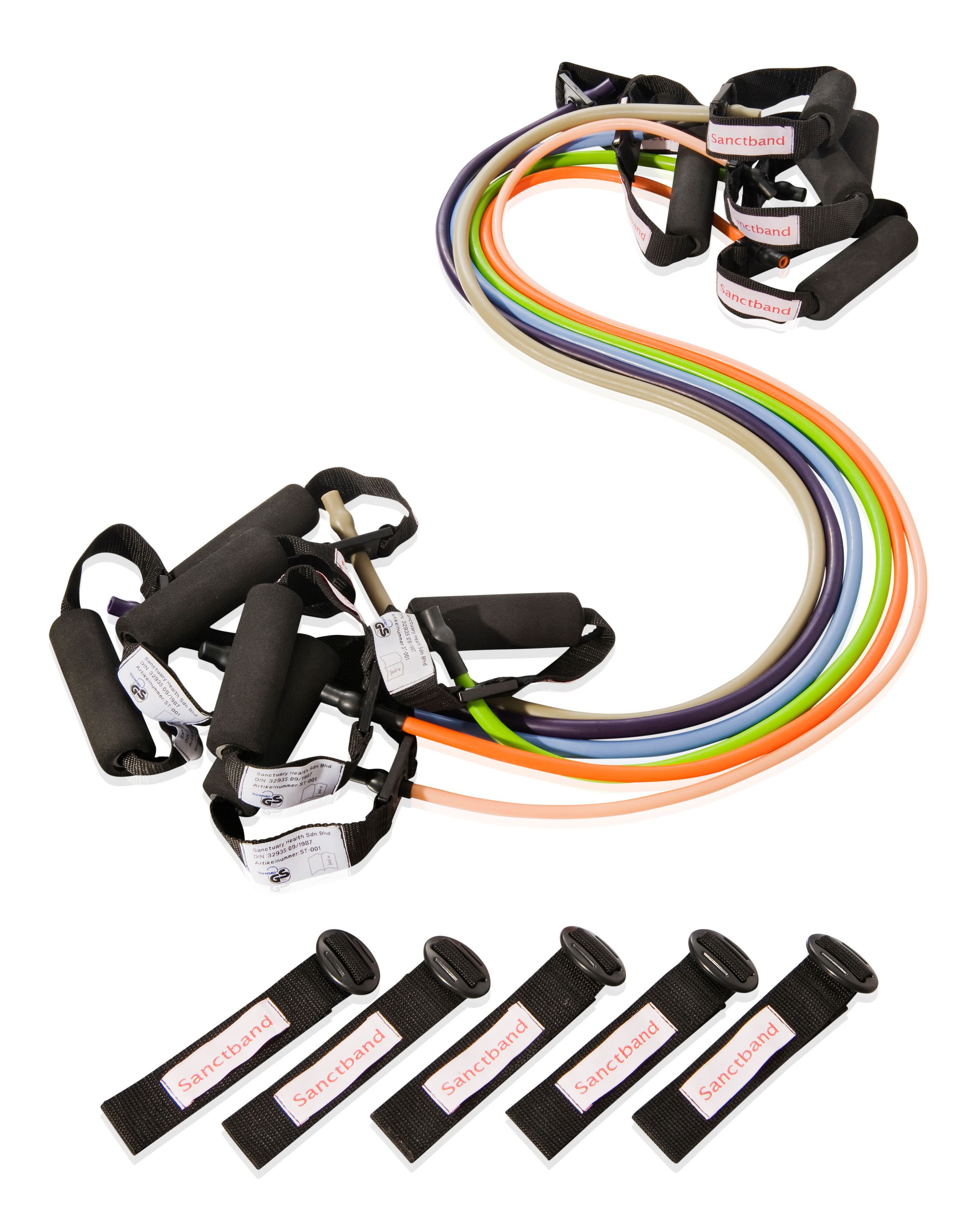Sanctband-Übungsröhren in verschiedenen Farben mit Griffen und Zubehör.