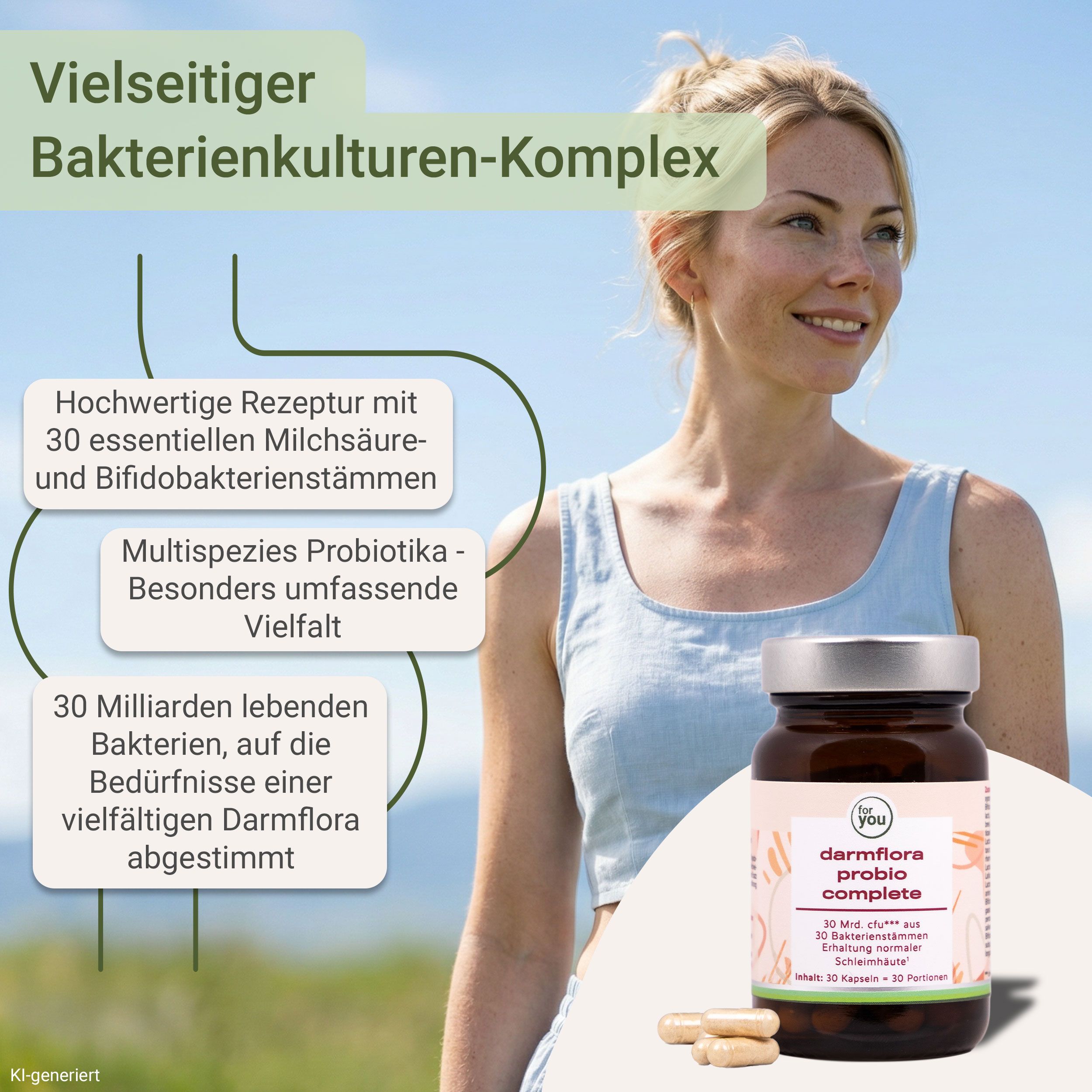 Braune Flasche mit Kapseln und Text: "darmflora probio complete". Enthält 30 Milliarden Bakterien.