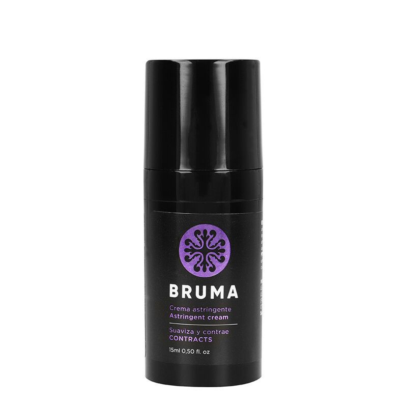 Schwarzer Spender mit Bruma-Logo, enthaltend adstringierende Creme.