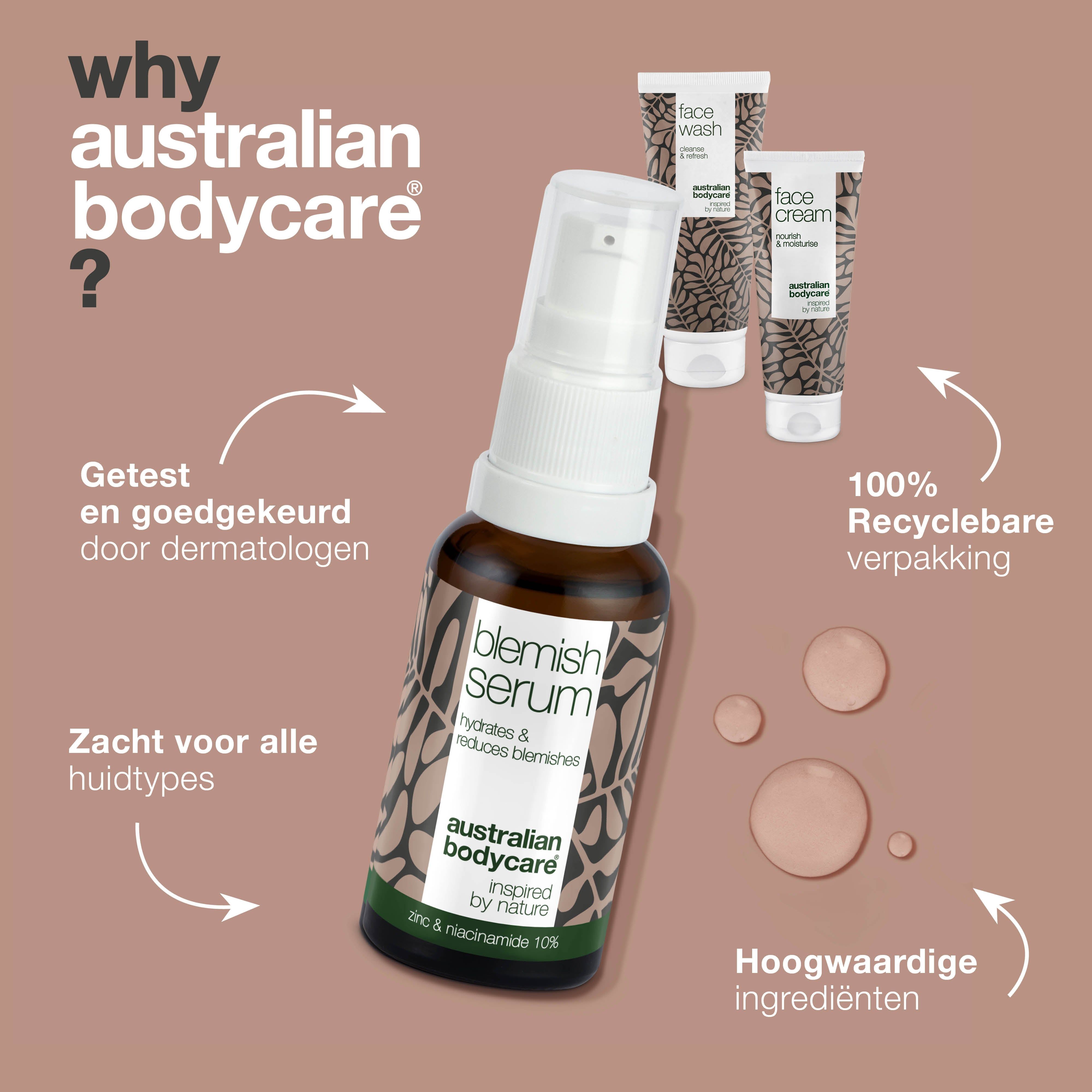 Grafiek met serum en producten. Tekst: Waarom Australian Bodycare? Voordelen van het serum.