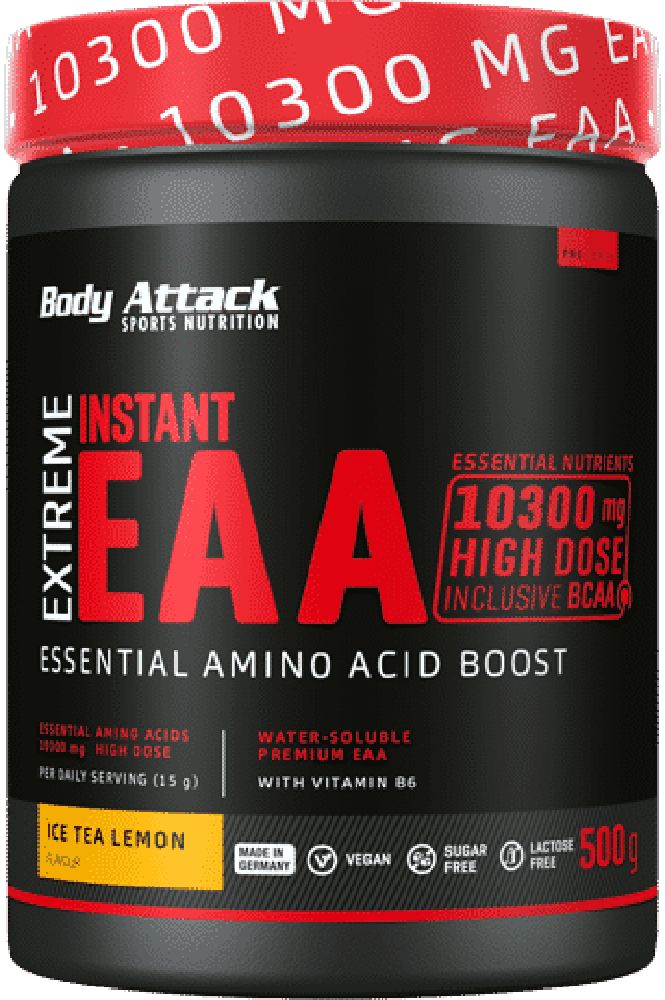 Schwarze Dose mit rotem Deckel. Aufschrift: Body Attack Extreme Instant EAA. Enthält 10300 mg EAA. Geschmack: Ice Tea Lemon. Vegan, zucker- und laktosefrei.