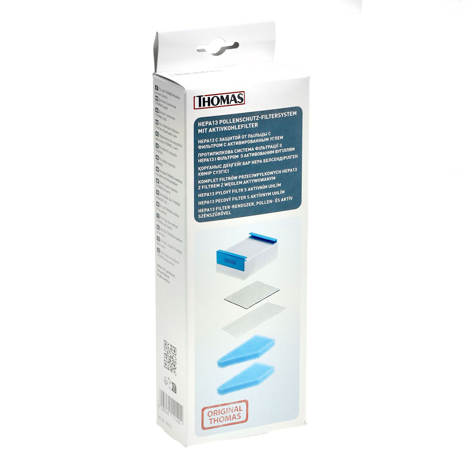 Verpackung für HEPA 13 Pollenschutzfilter mit Aktivkohlefilter. THOMAS-Logo. Produktabbildung. Text in mehreren Sprachen.