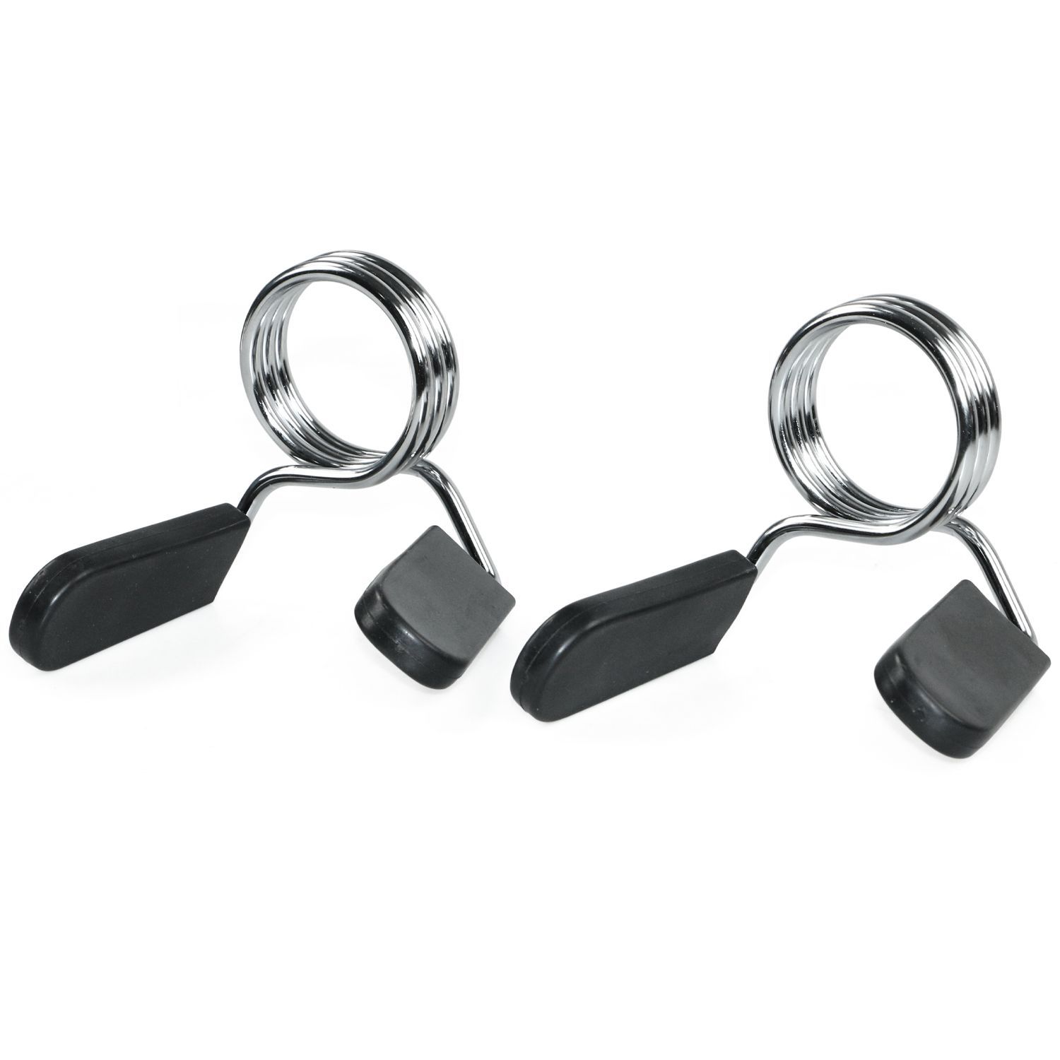 Zwei Federverschlüsse. Metall, schwarz. Für Hantelstangen. Detailansicht.