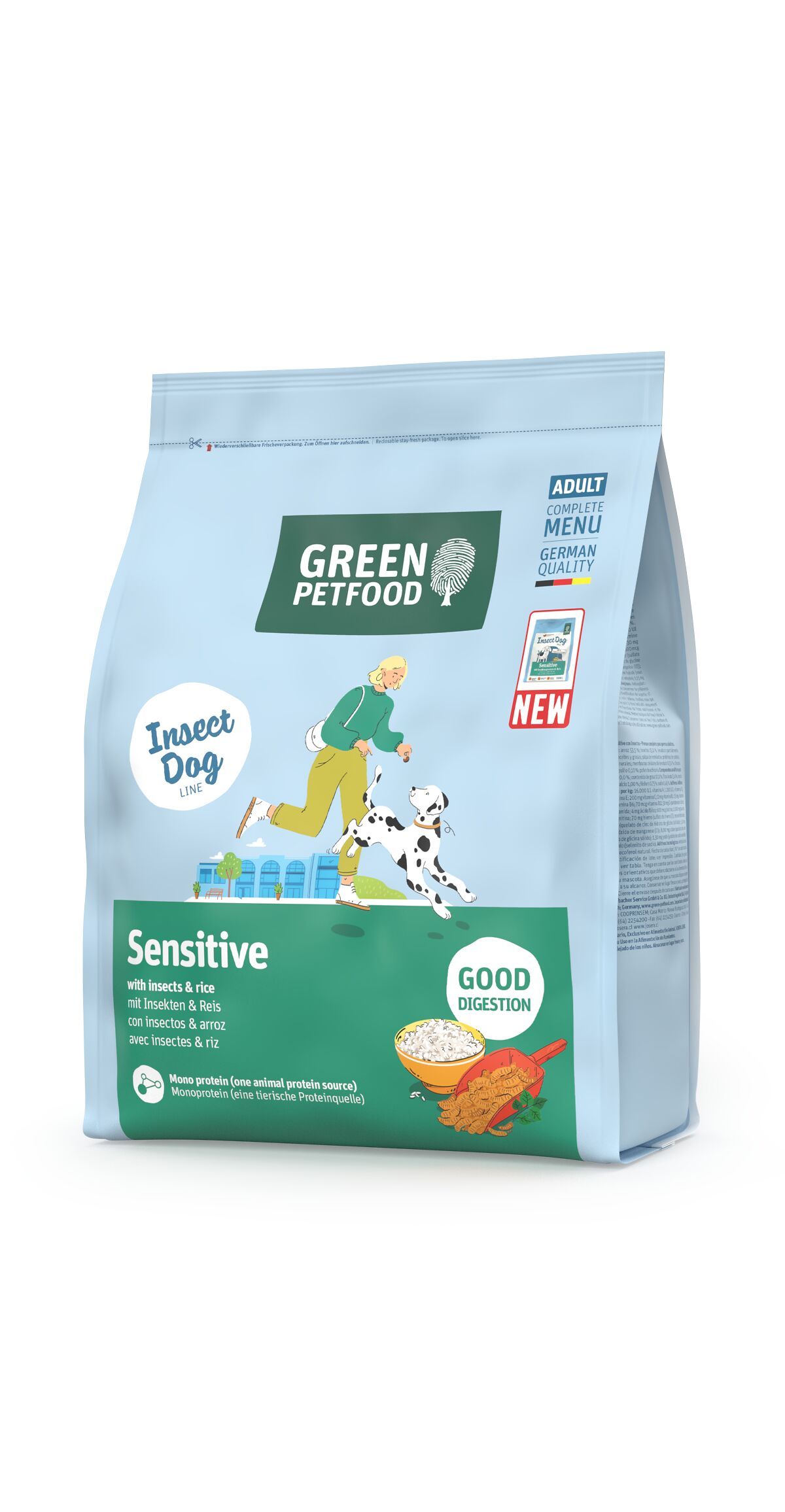 Hundefutter-Beutel mit Logo und Produktbezeichnung. Abbildung eines Hundes und einer Person. Text: Sensitive, Insekten & Reis.