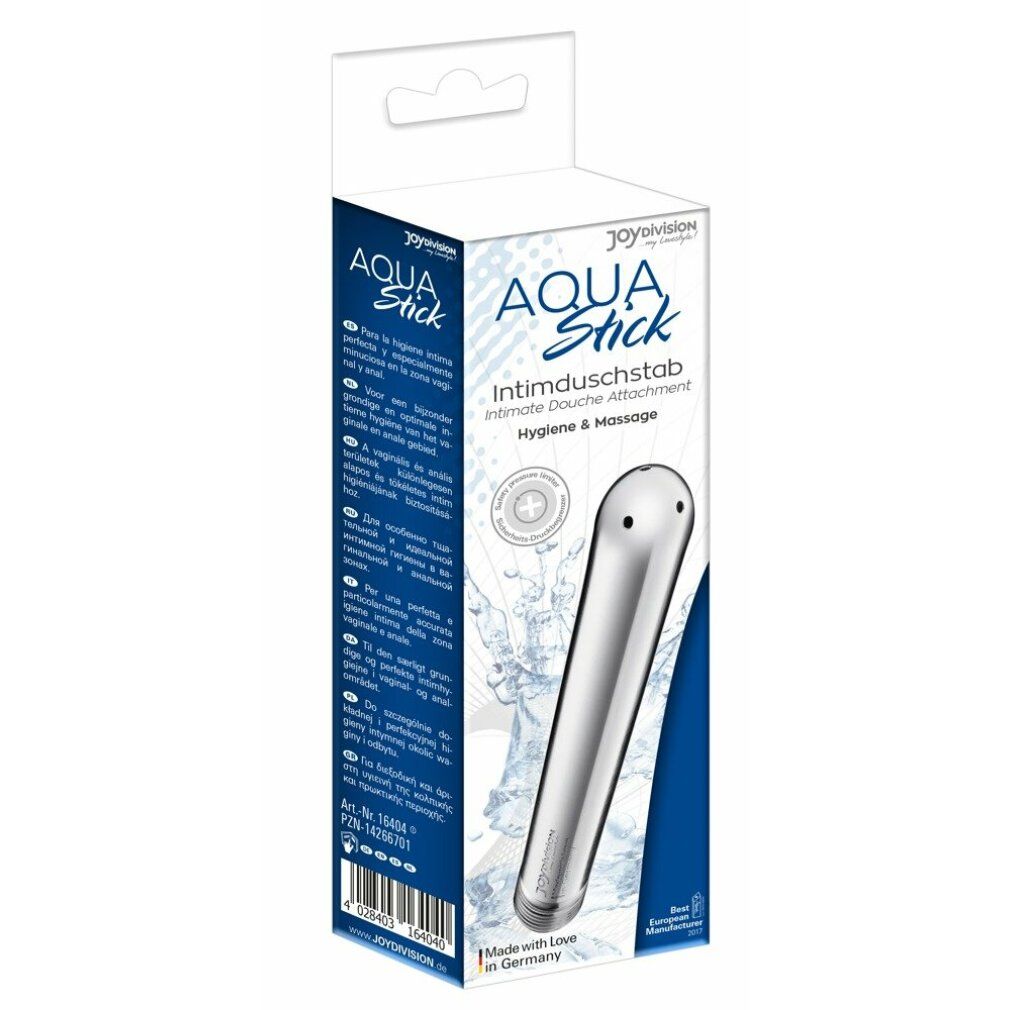 AQUAstick Intimdusche, verpackt. Silberfarbenes Metall, zylindrisch, mit Gewinde. Text: Hygiene + Massage.