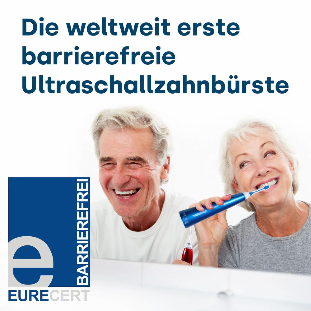 Älteres Paar putzt Zähne. Text: Die weltweit erste barrierefreie Ultraschallzahnbürste. EURECERT-Logo.