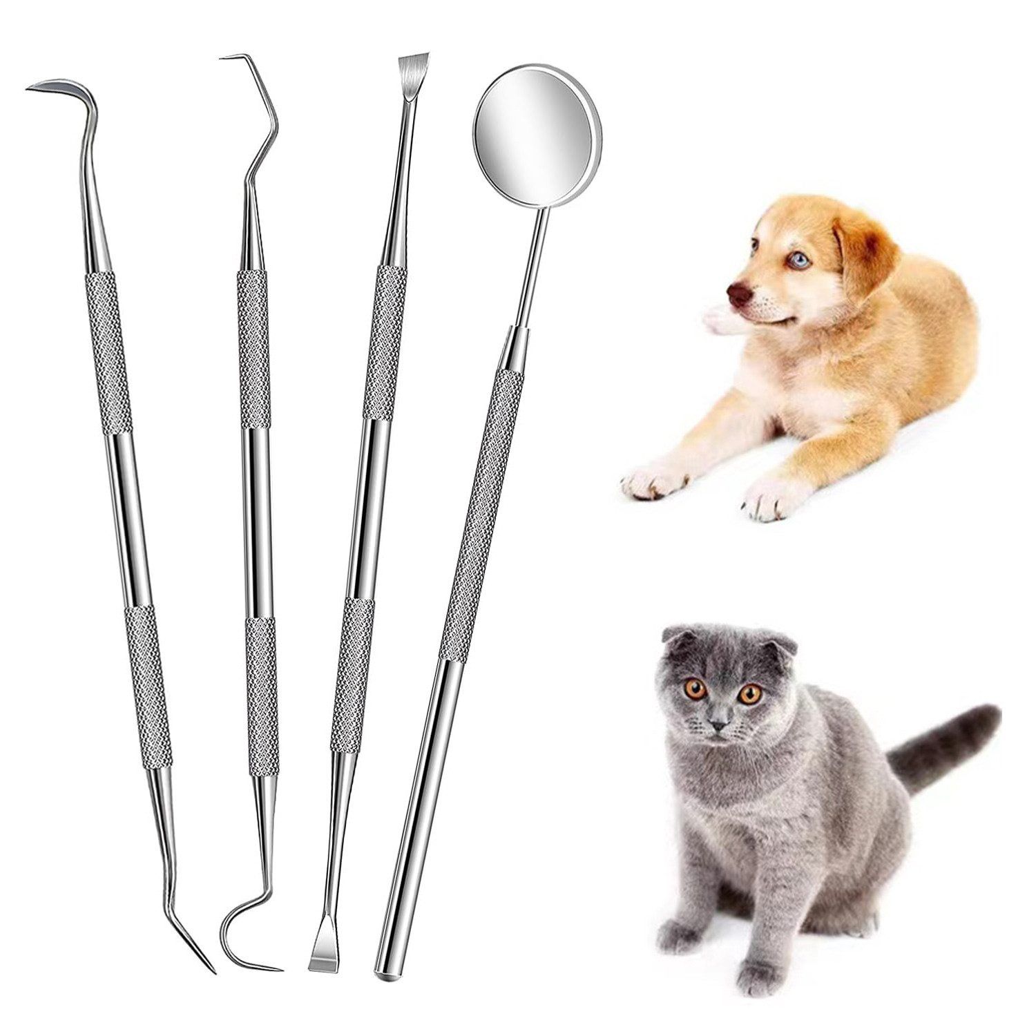 Vierteiliges Edelstahl-Zahnpflegeset für Hunde und Katzen. Enthält verschiedene Werkzeuge und ein Spiegel. Nebenbilder von Hund und Katze.