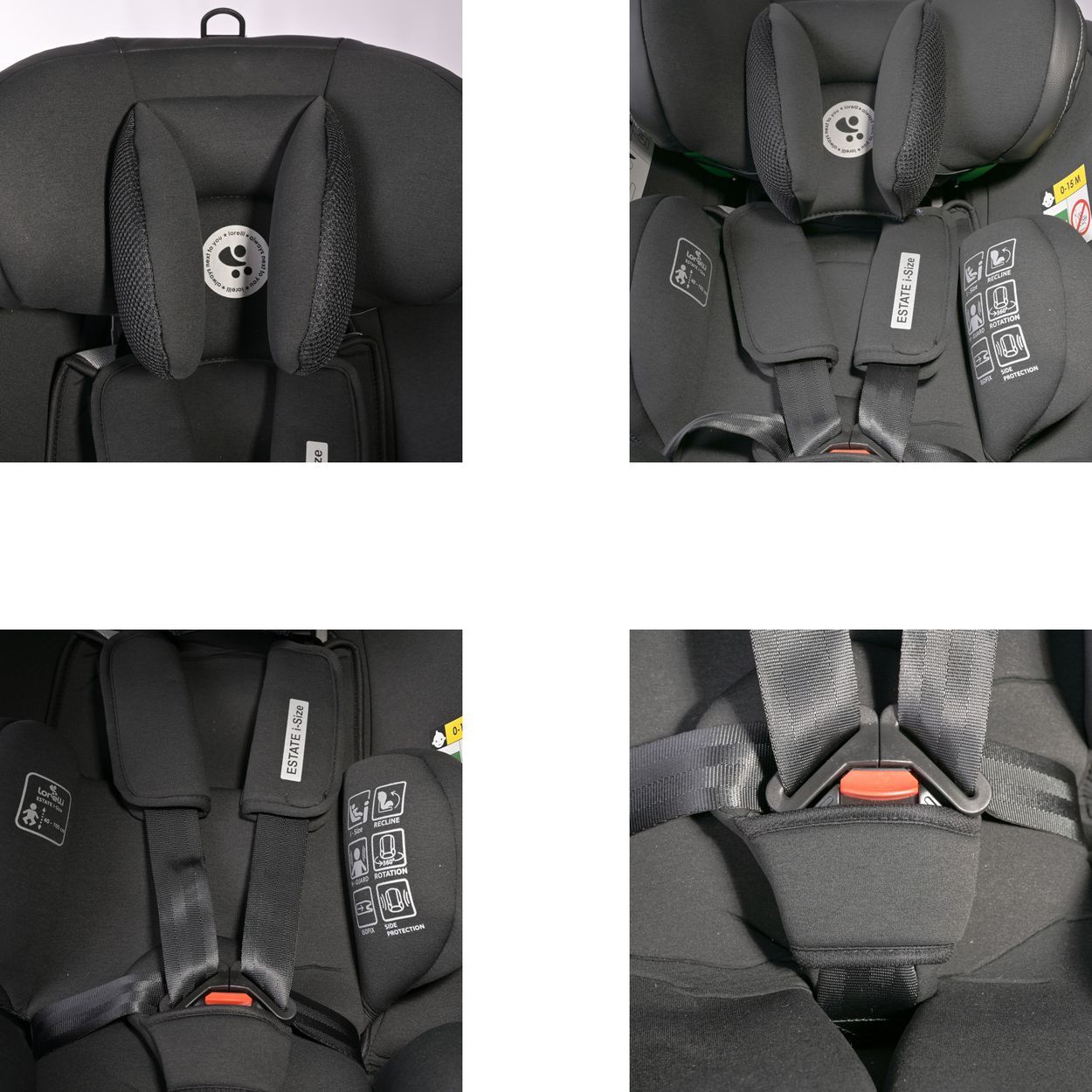 Schwarzer Kindersitz mit 5-Punkt-Gurt und ISOFIX-Befestigung.