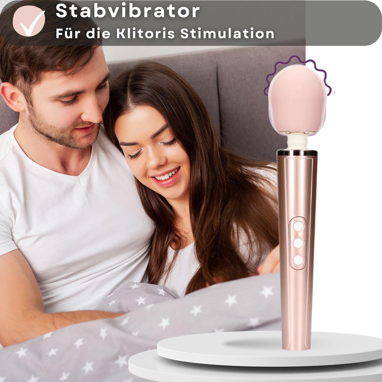 Stabvibrator, rosa. Roségoldfarbenes Gehäuse. Hintergrund: Paar.