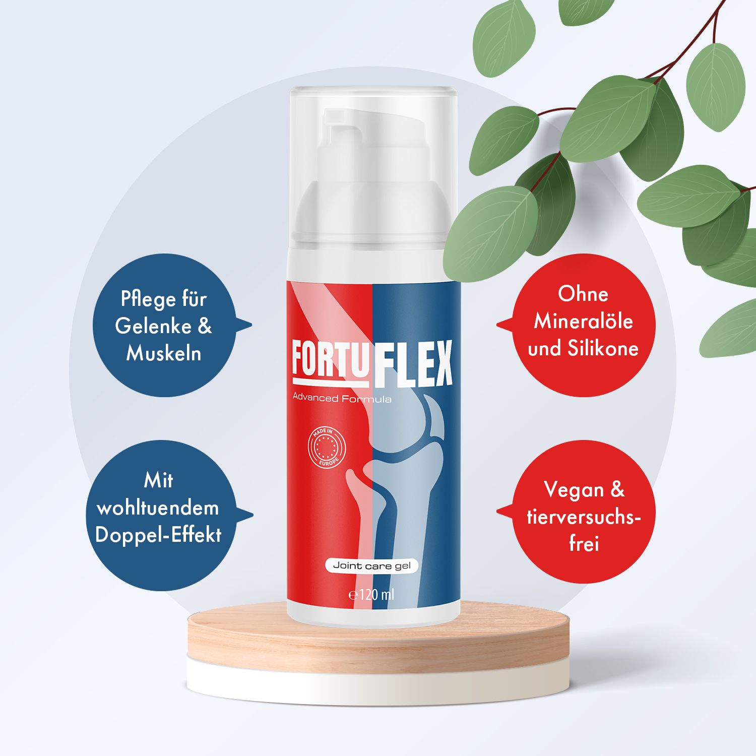 Fortuflex Gel-Flasche auf einem Holzsockel. Rote, blaue und weiße Farben. Aufschrift: Fortuflex, Advanced Formula, Joint care gel, 120 ml. Text: Pflege für Gelenke & Muskeln.