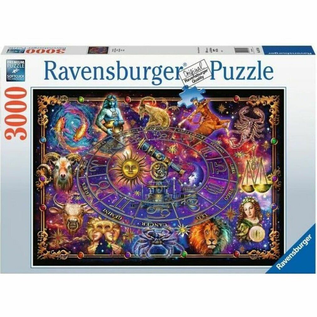 Puzzle-Box mit Sternzeichen-Motiv. Marke Ravensburger. 3000 Teile. Abbildung des Puzzles mit Tierkreiszeichen.