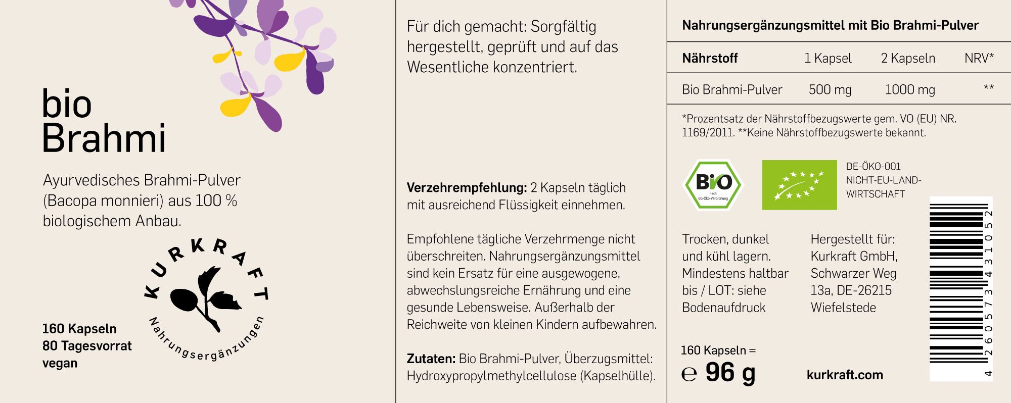 Etikett einer Bio Brahmi Packung. Text: 180 Kapseln, 60 Tagesportionen, vegan.
