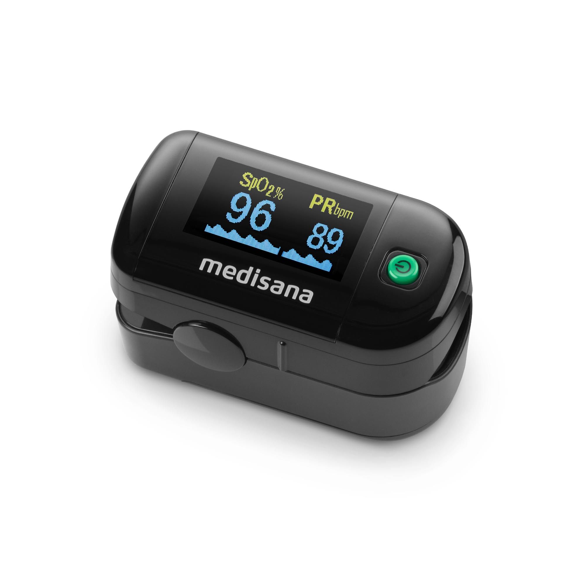 Zwarte pulsoximeter met display. Toont SpO2% en PRbpm. Merk: medisana. Groene knop.