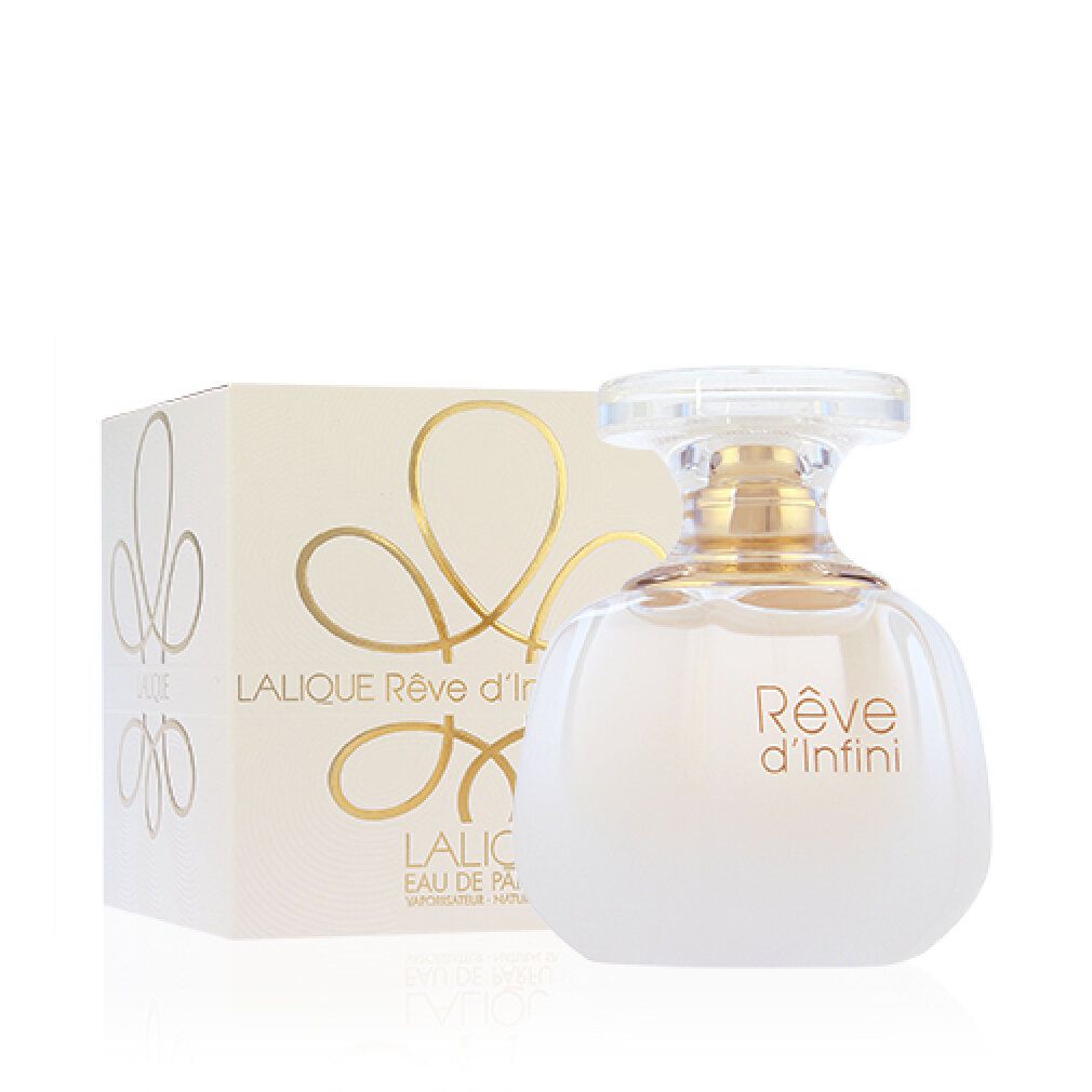 Parfümflasche und Verpackung. Flasche mit goldfarbenem Verschluss, Schriftzug 'Rêve d'Infini'. Verpackung mit Logo und Schriftzug 'Lalique'.