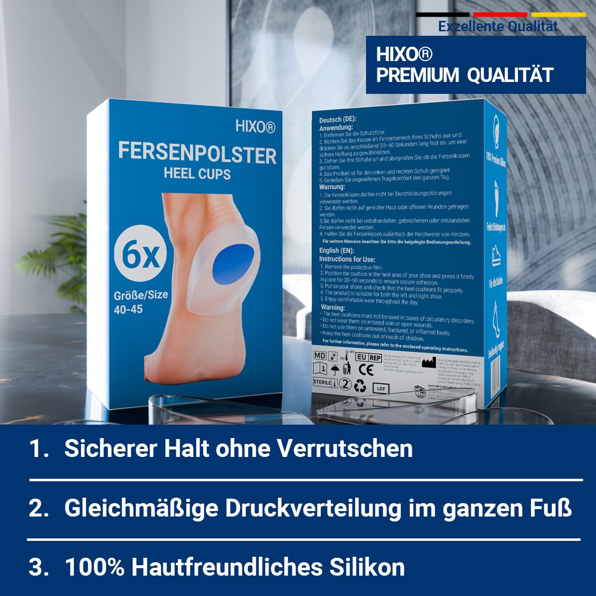 HIXO Fersenpolster: 100% hautfreundliches Silikon, sicherer Halt, gleichmäßige Druckverteilung.