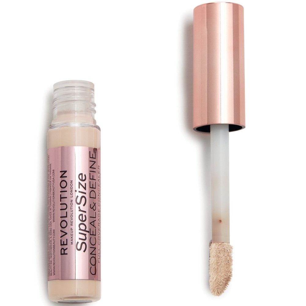 Concealer-Fläschchen mit roségoldfarbenem Deckel und Applikator. Aufschrift: Conceal & Define Super Size.