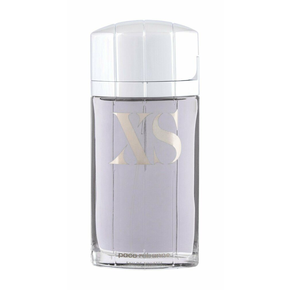 Flacone rettangolare con tappo bianco. Scritta XS dorata. Liquido lilla chiaro. Paco Rabanne.