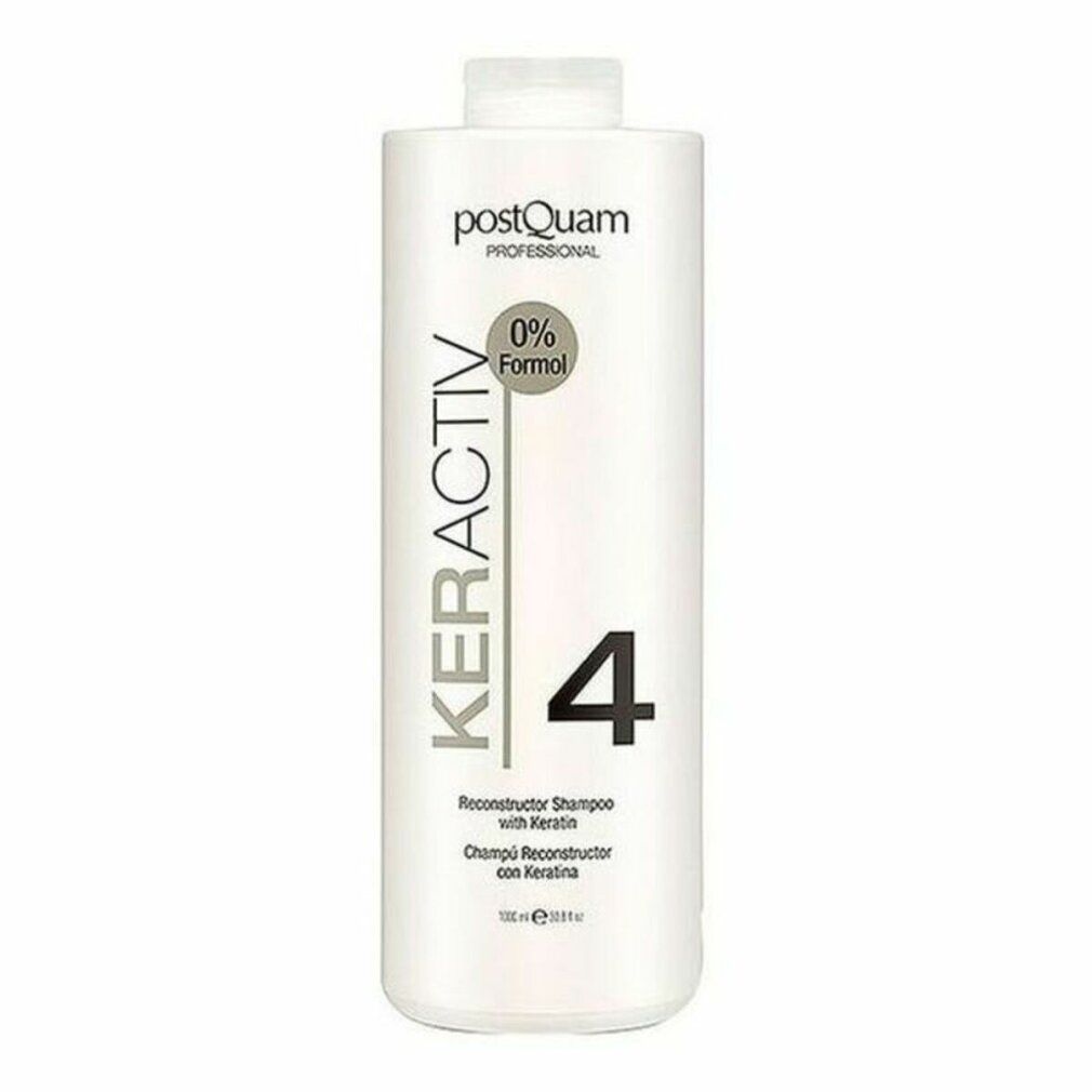 Weißes Shampoo mit Aufschrift KERACTIV, 4 und 0% Formol. Text: Reconstructor Shampoo with Keratin. Flasche.