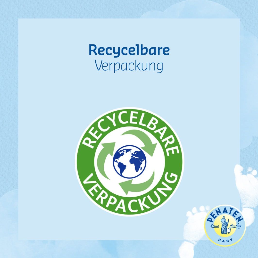 Baby liegt auf dem Rücken. Text: Pflegt trockene Babyhaut schon beim Baden. PENATEN® BABY Logo.