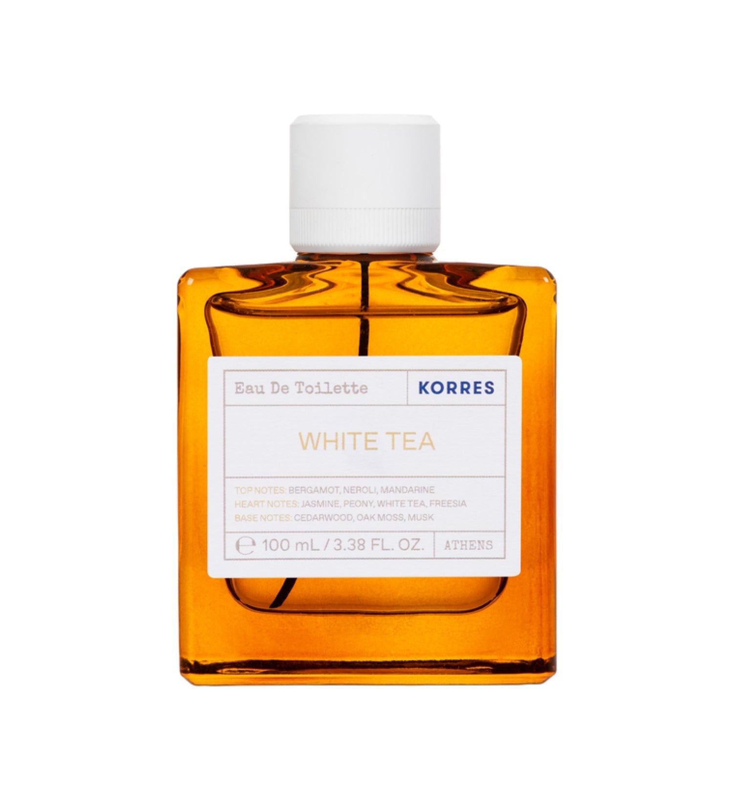 KORRES White Tea Eau de Toilette. Rechteckiger Flakon mit weißem Deckel. Text: White Tea, KORRES, Duftnoten.