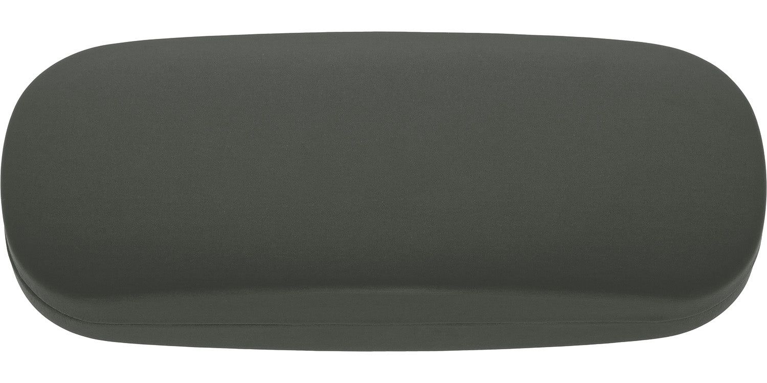 Hartschalenetui, grau. Ovale Form, glatte Oberfläche. Geschlossener Zustand.