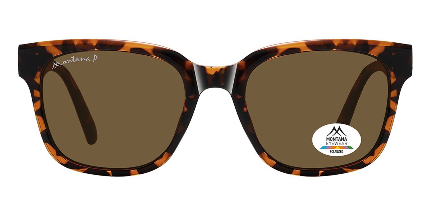 Sonnenbrille mit braunen Gläsern und Schildpatt-Muster. Montana Eyewear Logo und polarisiertes-Label.