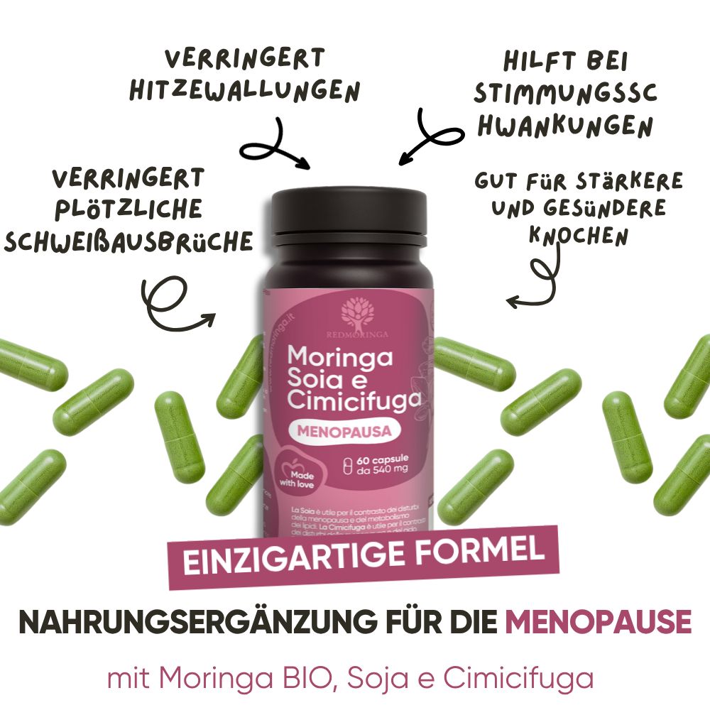 Flasche mit 60 Kapseln, mit Moringa, Soja und Cimicifuga, für die Menopause.