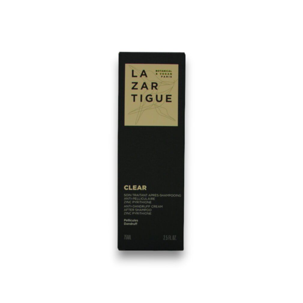 Schwarzer Karton. Text: LAZARTIGUE, CLEAR, Anti-Schuppen-Creme. Logo. 75ml, 2.5 FL.OZ.