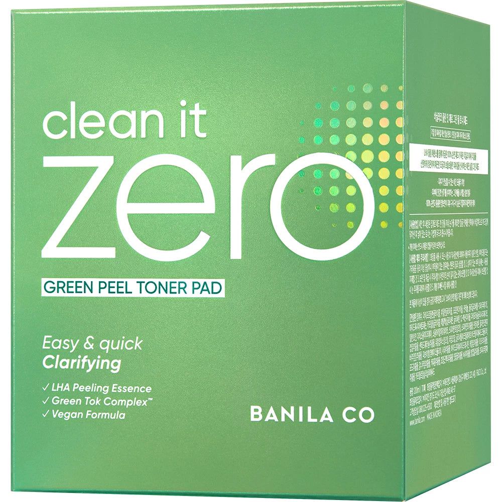 Grüne Produktverpackung mit Text. Aufschrift: clean it zero, Green Peel Toner Pad, Easy & quick Clarifying.