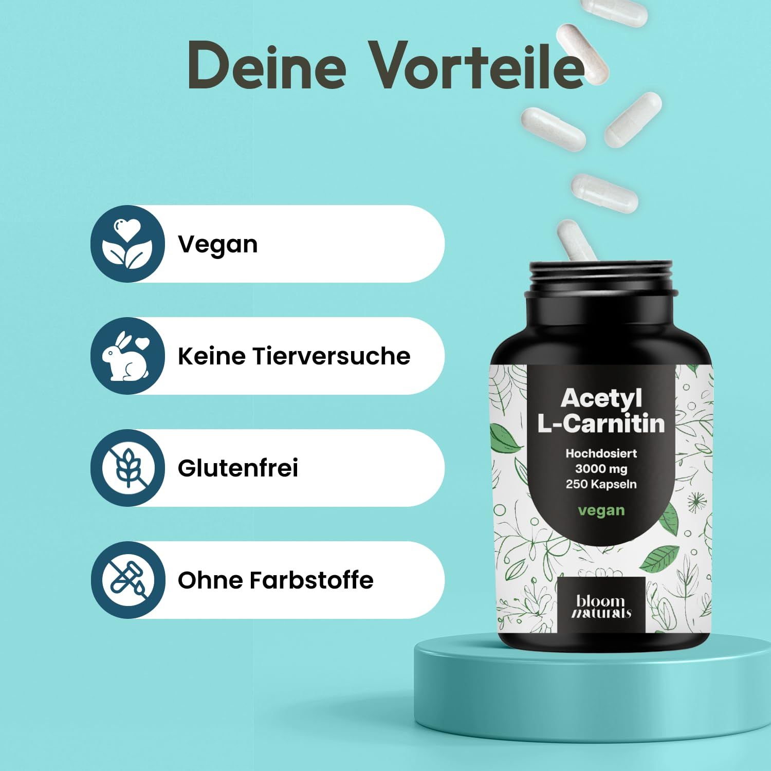 Produktflasche und Kapseln. Text: Vegan, Keine Tierversuche, Glutenfrei, Ohne Farbstoffe.