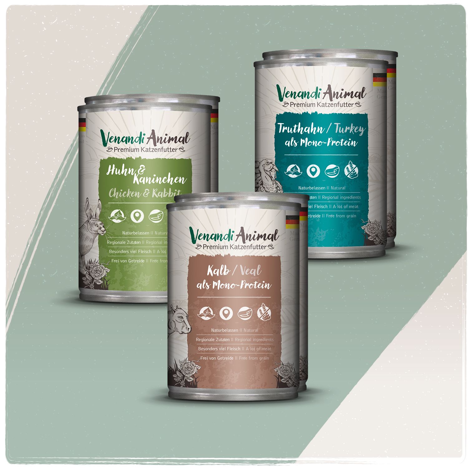 Drei Dosen Venandi Animal Premium Katzenfutter: Huhn & Kaninchen, Kalb und Truthahn.