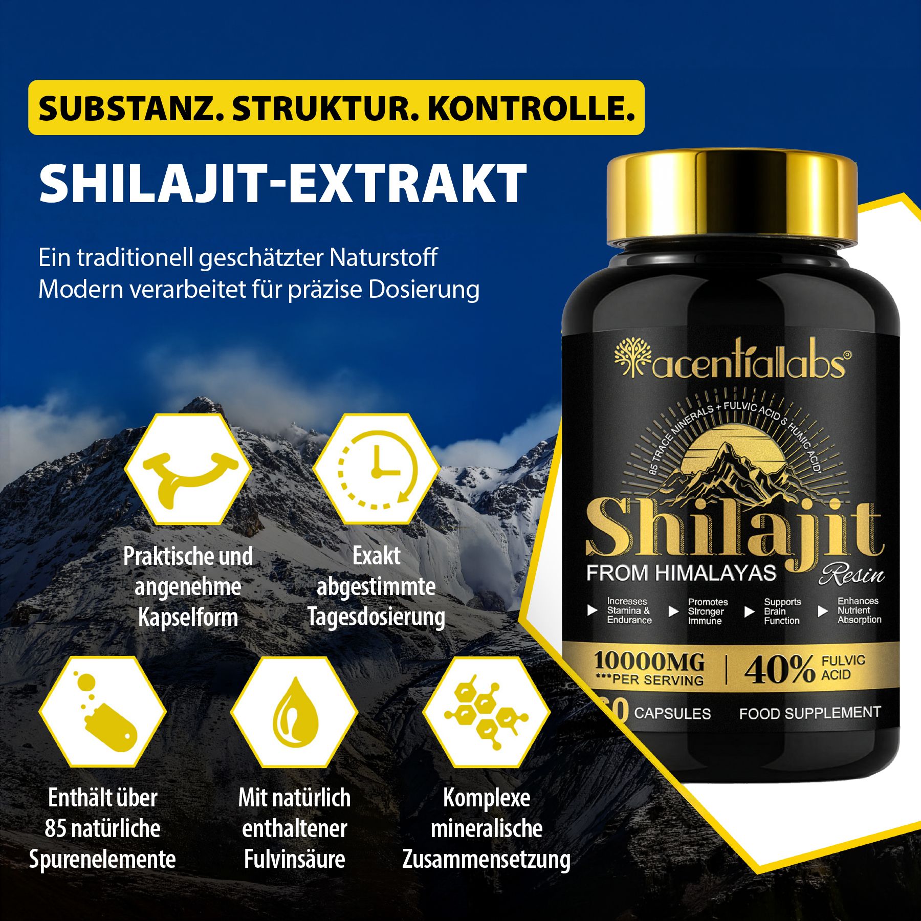 Schwarze Kapsel-Dose mit goldenem Deckel. Aufschrift: Shilajit, 10000mg, 60 Kapseln, 40% Fulvinsäure. Text: Shilajit-Extrakt.