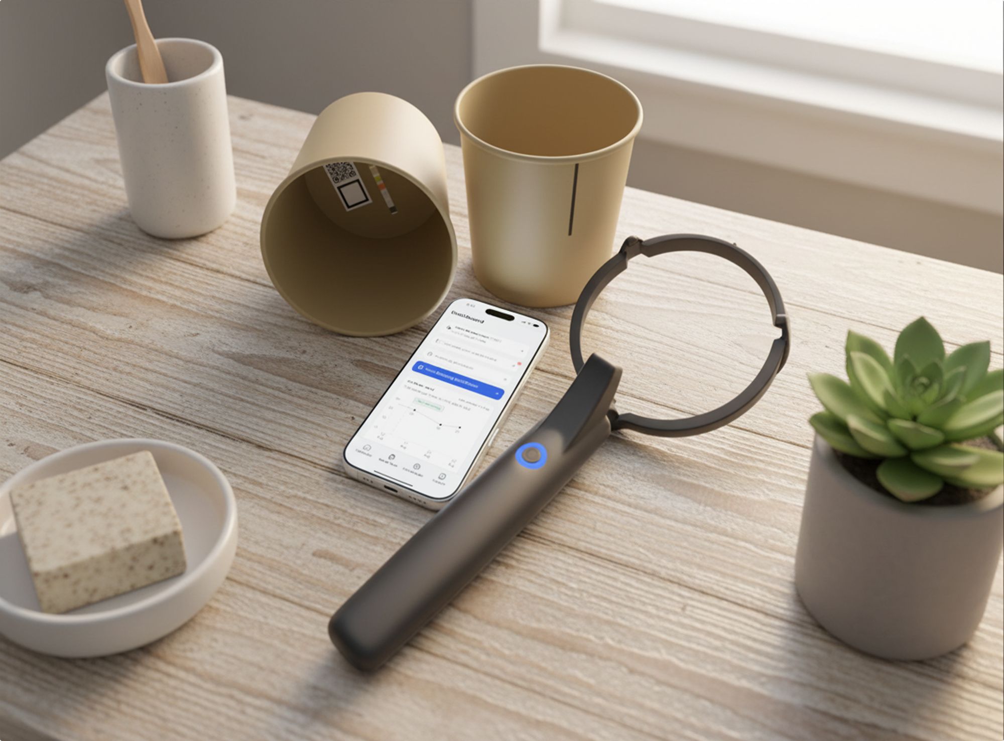 Produkt-Set auf Tisch. Gerät, Becher, Smartphone, Pflanze. Smartphone mit App-Anzeige.