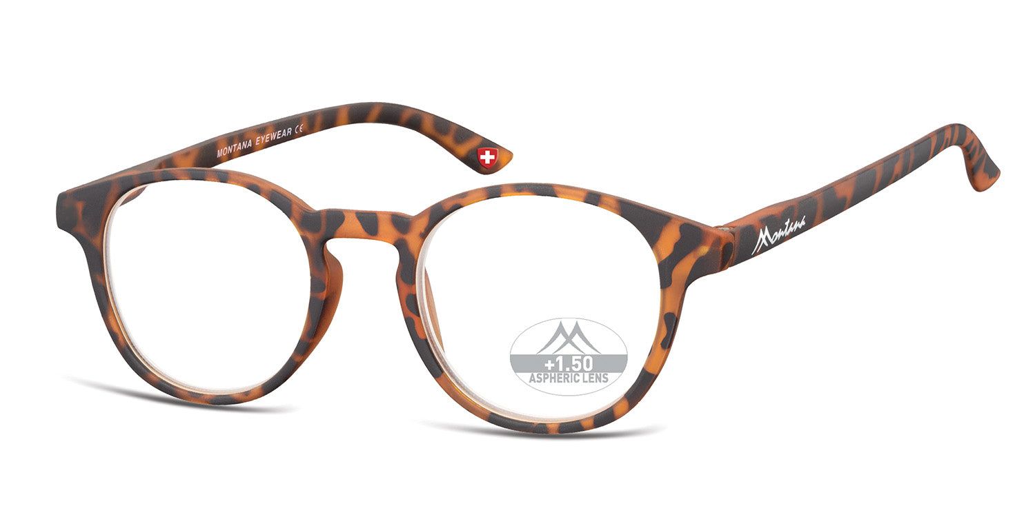 Runde Brille mit braunem Leopardenmuster-Gestell. Auf den Gläsern ist "+1.50" und das Logo abgebildet. Montana Eyewear.