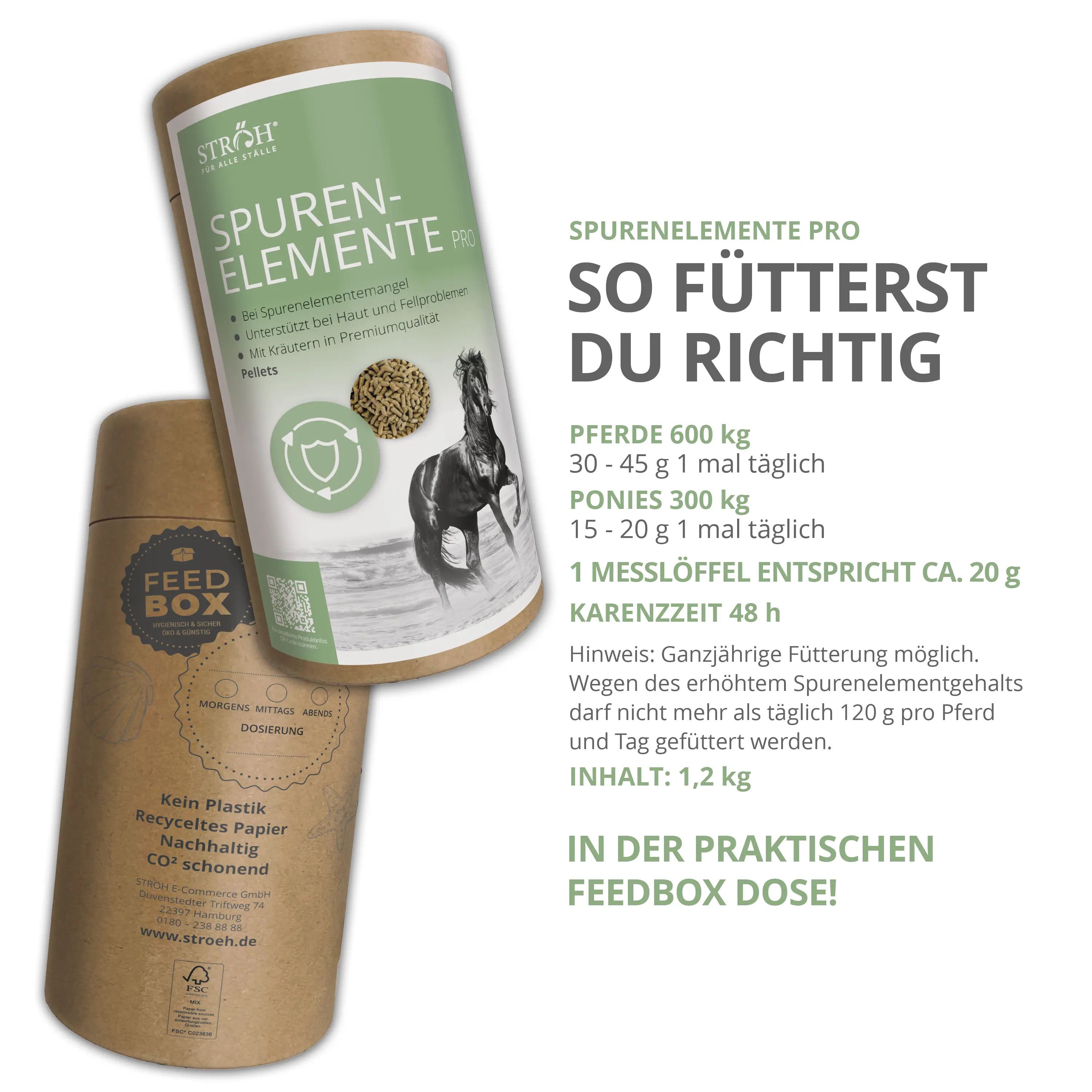 Zwei Dosen STRÖH Spurenelemente Pro Pellets. Eine Dose geöffnet, daneben eine Feedbox. Text: In der praktischen Feedbox Dose!