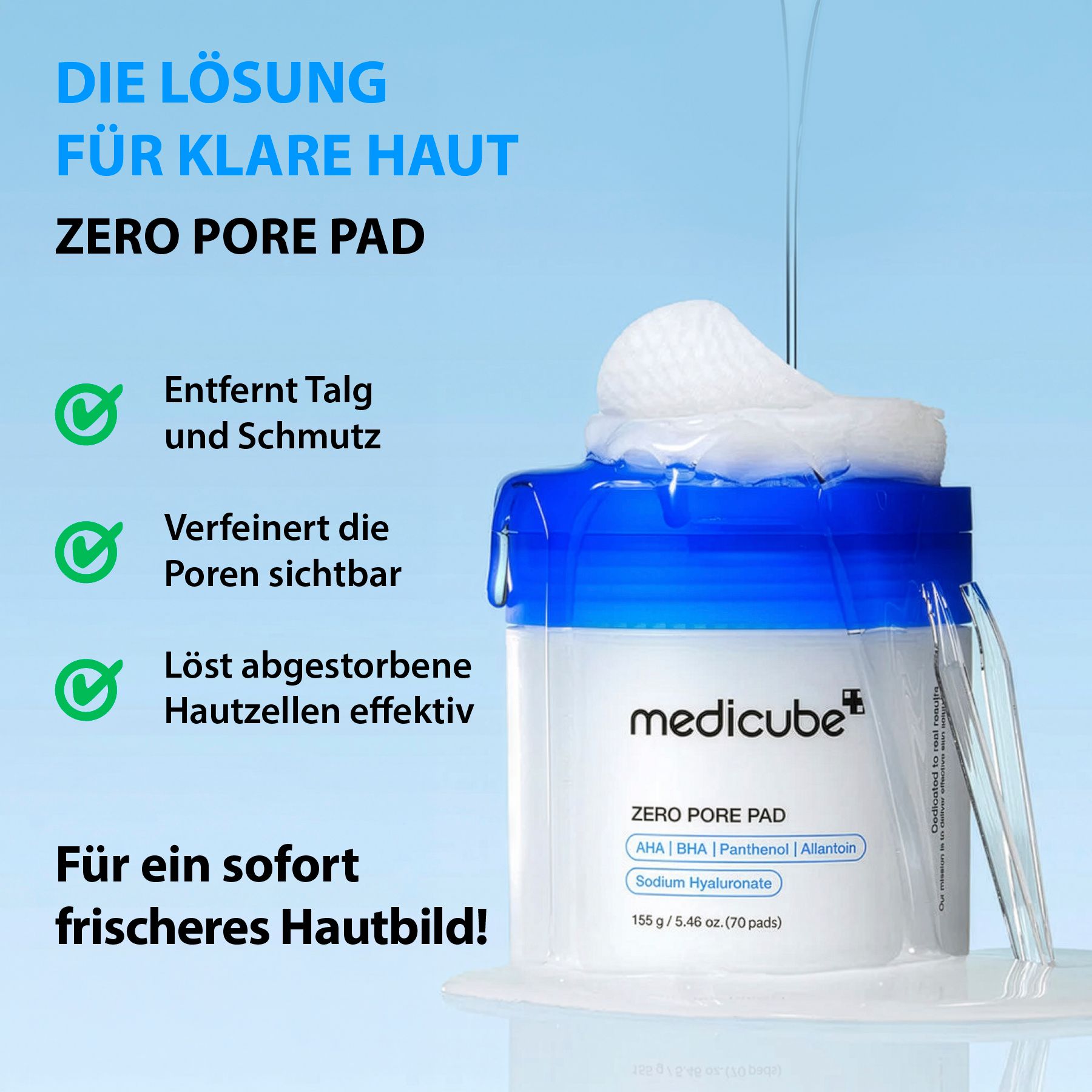 Medicube Zero Pore Pad Behälter mit einem entnommenen Pad.