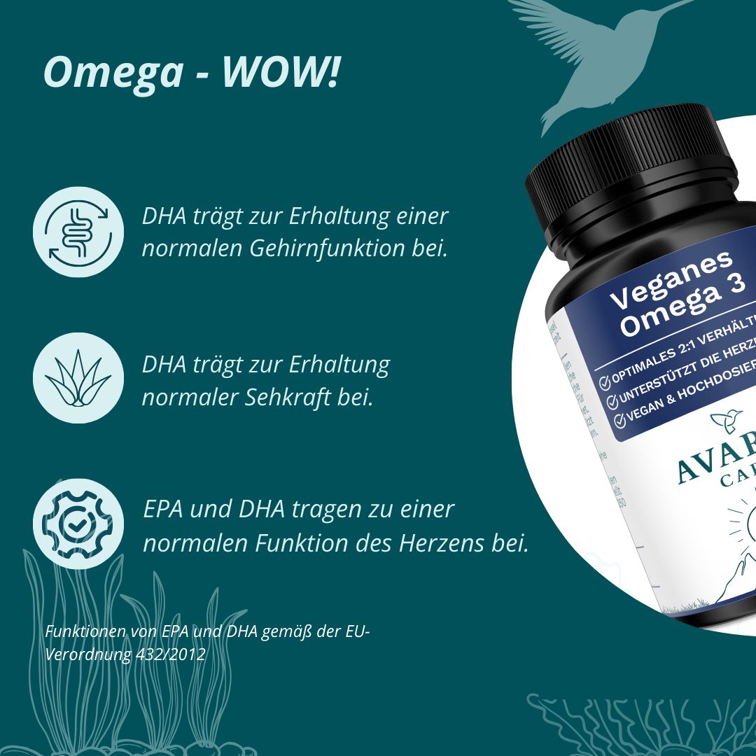 Flasche mit Kapseln. Aufschrift: Veganes Omega 3. Logo: AVARIA CARE. DHA für Gehirn und Sehfunktion. EPA und DHA für Herzfunktion.