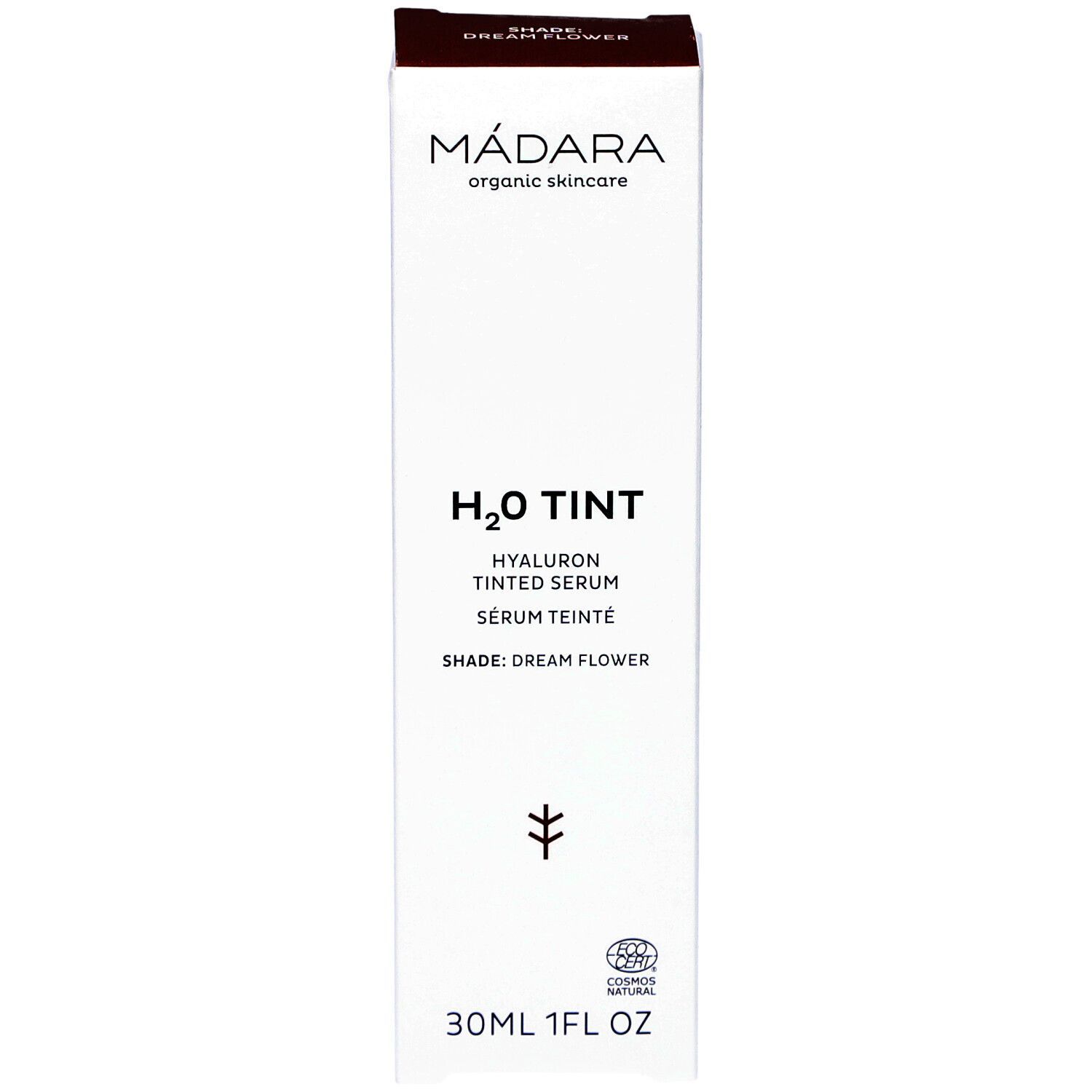 Weiße Verpackung mit Produktnamen und -details. H2O Tint Hyaluron getöntes Serum. Dream Flower Farbton. 30ml. Zertifizierung.