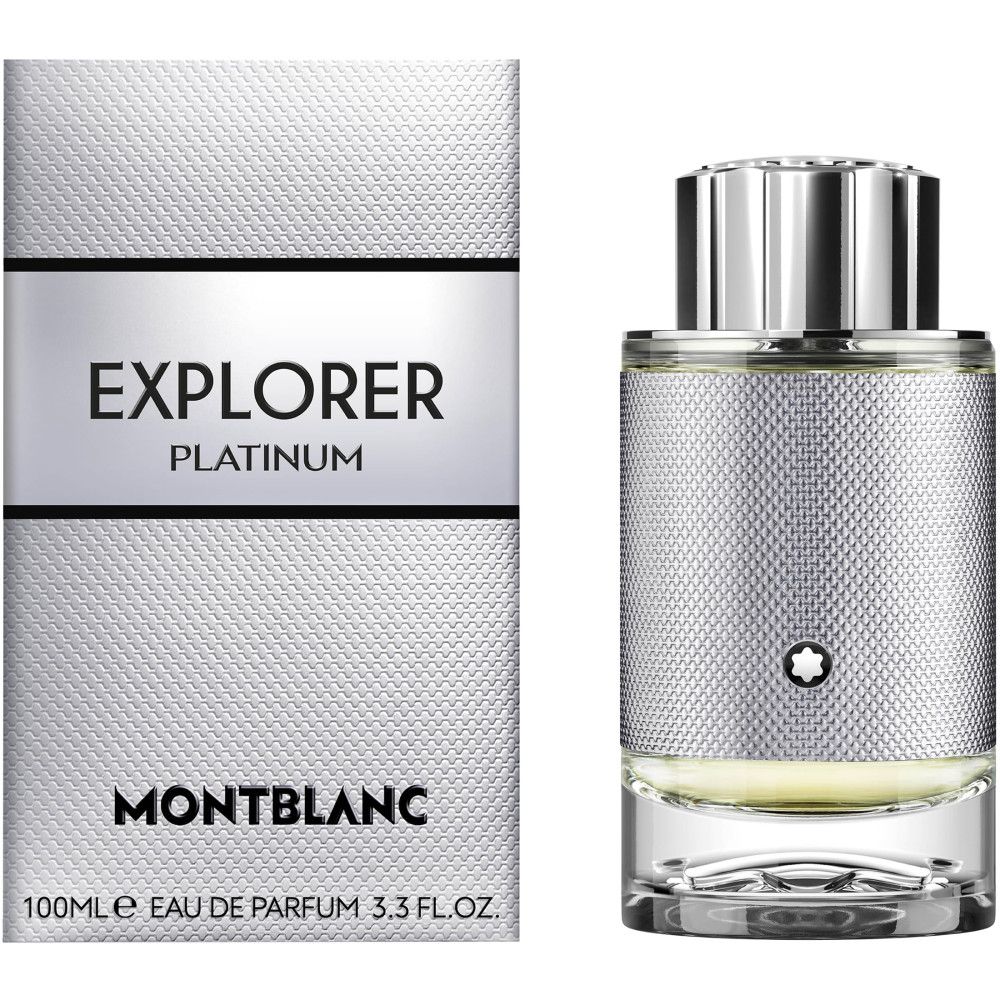 Montblanc Explorer Platinum EdP Nat. Spray. Silberfarbener Flakon und Verpackung. Aufschrift: EXPLORER PLATINUM, MONTBLANC.