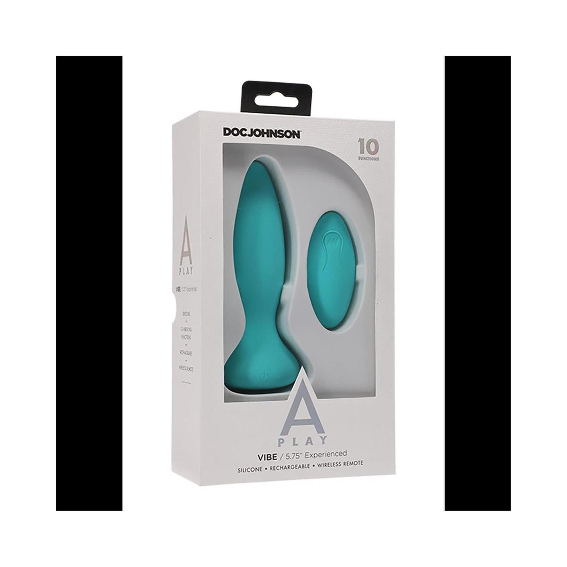 Verpackung mit blauem Analplug und Fernbedienung. Marke: Doc Johnson. Produktname: Vibe. Material: Silikon. Merkmale: Wiederaufladbar, kabellos.