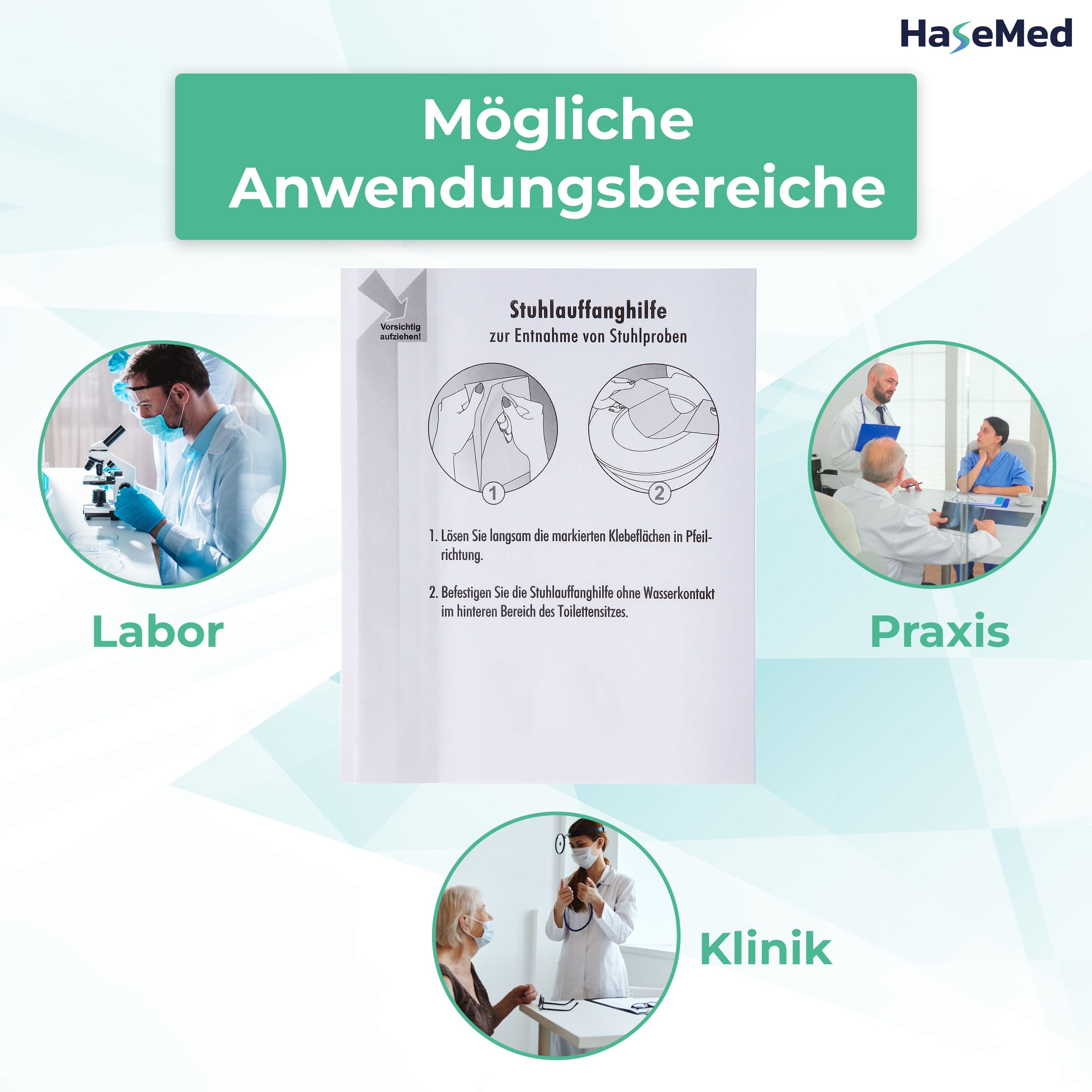Anwendungsbereiche der Stuhlauffanghilfe: Labor, Praxis, Klinik. Logo HaseMed.