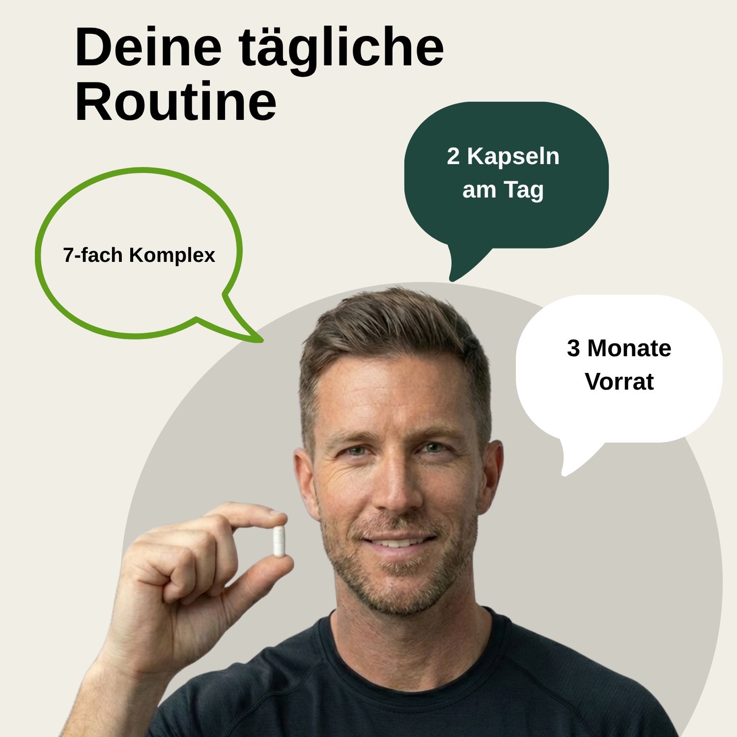 Mann hält Kapsel, 7-fach Komplex, 2 Kapseln täglich, 3 Monate Vorrat.