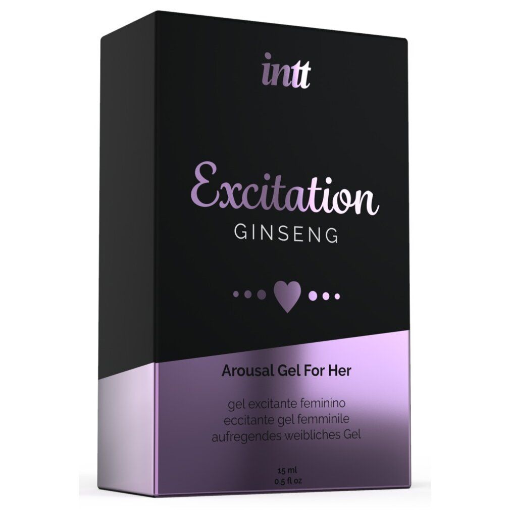 Schwarze Produktverpackung mit lila Akzenten. Aufschrift: intt Excitation GINSENG, Arousal Gel For Her.