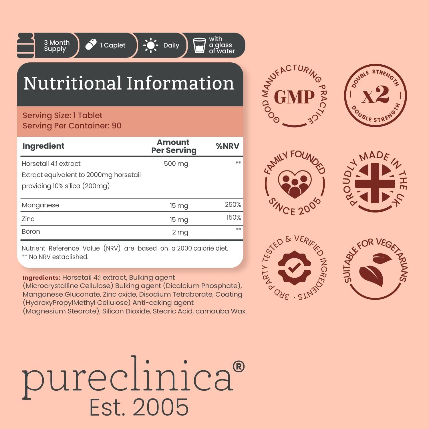 Nährwertangaben zu Kieselerde Komplex Tabletten. Enthält Horsetail 41 Extrakt, Mangan, Zink und Bor. GMP-Zertifizierung, hergestellt in UK.