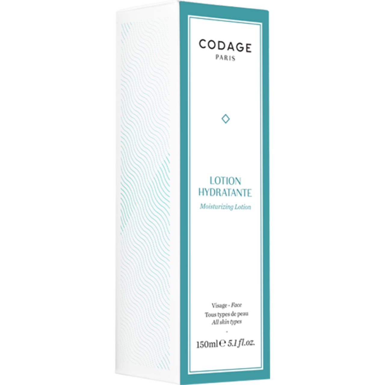 Codage Verpackung. Weiß mit türkisfarbenen Elementen. Aufschrift: Lotion Hydratante, Moisturizing Lotion. Für alle Hauttypen. 150ml.